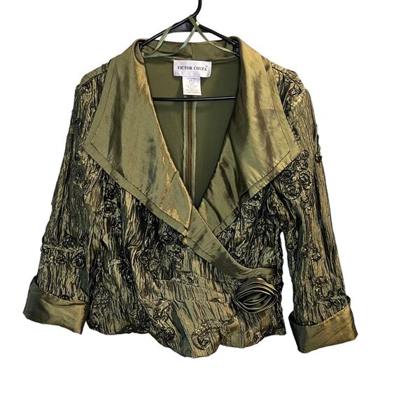 Victoria Costa Satin Rosette Flower Applique Green Faux Wrap Jacket Size 12 - Picture 1 of 11
